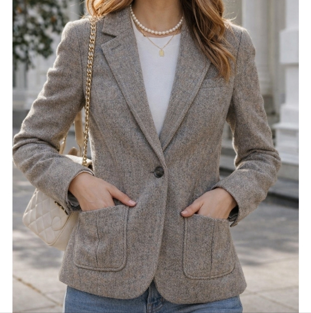 Juicy Couture Petite Wool Blend Blazer Grey Tweed Crest Label Y2K XS